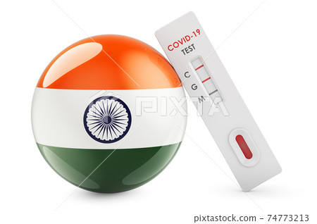 Diagnostic test for coronavirus in India. Antibody test COVID-19 with Indian flag, 3D rendering Diagnostic test for coronavirus in India. Antibody test COVID-19 with Indian flag, 3D rendering 74773213