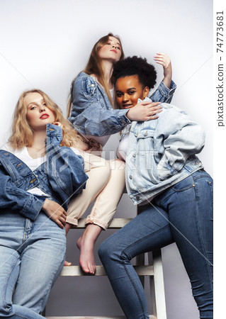 diverse multi nation girls group, teenage friends company cheerful having fun, happy smiling, cute posing isolated on white background, lifestyle people concept, african-american and caucasian 74773681