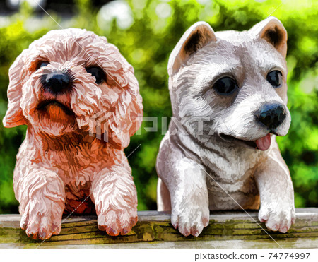 2 stone statues of puppies that rest with their 'paws' on the edge of a bench. 2 stone statues of puppies that rest with their 'paws' on the edge of a bench. 74774997