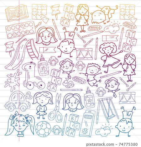 Kindergarten. Vector pattern with toys and small children. Preschool education. 74775380