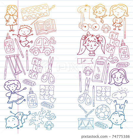 Kindergarten. Vector pattern with toys and small children. Preschool education. 74775386