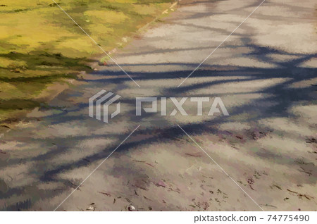 The shadows of tree branches fall over a pathway and grass in odd shapes 74775490