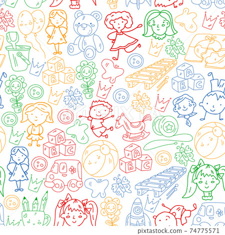 School, kindergarten. Happy children. Creativity, imagination doodle icons with kids. Play, study, grow Happy students Science and research Adventure Explore 74775571