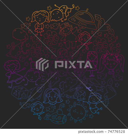 Kindergarten children. Doodle set of objects for kids. Toys and boys and girls. Vector outline icons 74776528