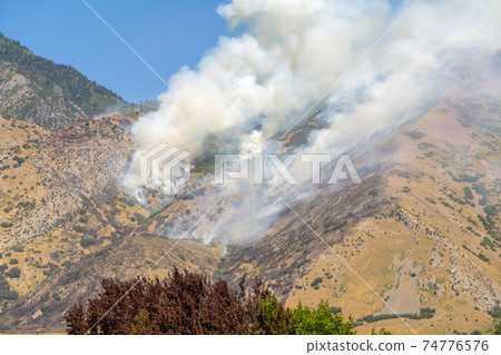 Mountain slope with vegetation and smoke from wild forest fire against blue sky Mountain slope with vegetation and smoke from wild forest fire against blue sky 74776576