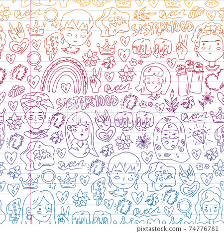 Woman international day 8 march. Girl Power. Feminism concept. Vector pattern. Sticker, patch graphic design. 74776781