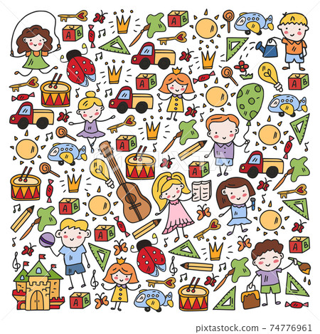 School, kindergarten with cute vector children. Dancing, singing, painting, online education. Creativity and imagination. School, kindergarten with cute vector children. Dancing, singing, painting, online education. Creativity and imagination. 74776961