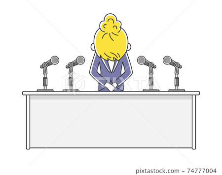 Illustration of a white woman apologizing at a press conference 74777004