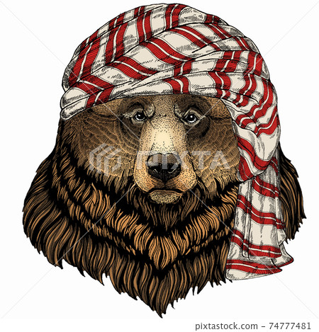 Wild animal wearing keffiyeh or kufiya. Animal head. Wild animal wearing keffiyeh or kufiya. Animal head. 74777481