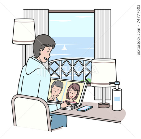 Young man worcation in a hotel room (remote meeting) 74777602