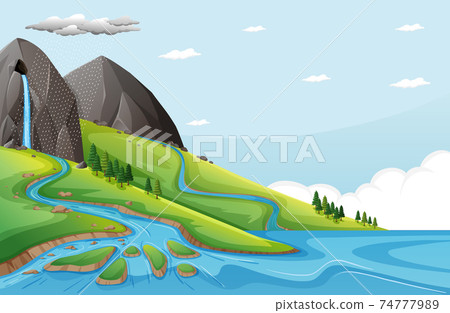 Nature scene with water falls from stone cliff Nature scene with water falls from stone cliff 74777989