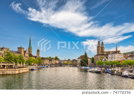 Zurich Switzerland, city skyline at Limmat River with Grossmunster and Fraumunster Church 74778356