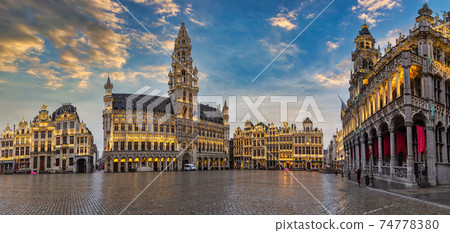 Brussels Belgium, sunset panorama city skyline at famous Grand Place town square Brussels Belgium, sunset panorama city skyline at famous Grand Place town square 74778380