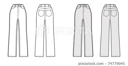 Jeans Denim pants technical fashion illustration with full length, normal waist, high rise, 5 pockets, Rivets, belt loop Jeans Denim pants technical fashion illustration with full length, normal waist, high rise, 5 pockets, Rivets, belt loop 74779045