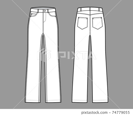 Jeans Denim pants technical fashion illustration with full length, low waist, rise, 5 pockets, Rivets, belt loops. Flat  74779055
