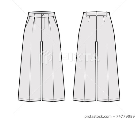 Pants capri technical fashion illustration with low waist, rise, single pleat, mid-calf length, wide legs, seam pockets Pants capri technical fashion illustration with low waist, rise, single pleat, mid-calf length, wide legs, seam pockets 74779089