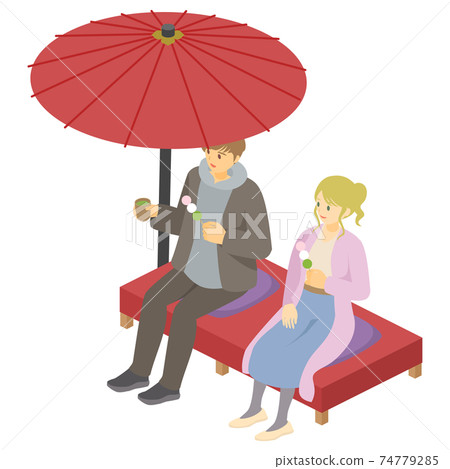 Vector illustration of a couple sitting on a bench and eating dumplings (isometric, isometric) Vector illustration of a couple sitting on a bench and eating dumplings (isometric, isometric) 74779285