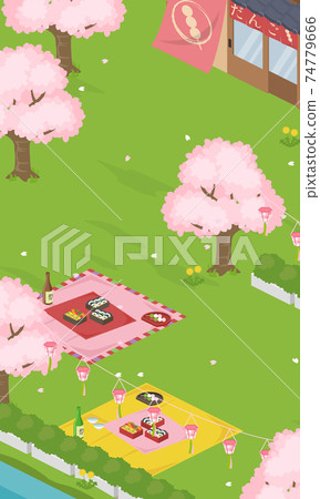 Vector illustration of warm and cheerful cherry blossom viewing in spring Vertical (isometric, isometric) 74779666