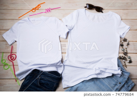 Family look T-shirt mockup with drinking straws and jeans Family look T-shirt mockup with drinking straws and jeans 74779684