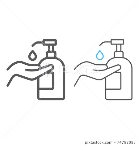 Disinfection soap with hand line and color line icon, wash and hygiene, hand soap sign, vector graphics, a linear pattern on a white background, eps 10. Disinfection soap with hand line and color line icon, wash and hygiene, hand soap sign, vector graphics, a linear pattern on a white background, eps 10. 74782085