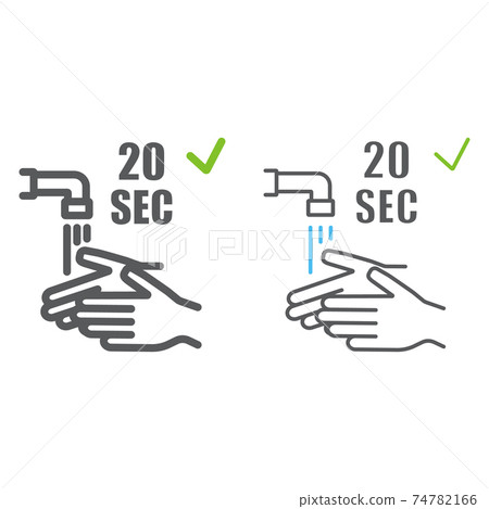 Washing your hands 20 seconds color line icons, wash and hygiene, wash your hands sign, vector graphics, a linear pattern on a white background, eps 10. 74782166