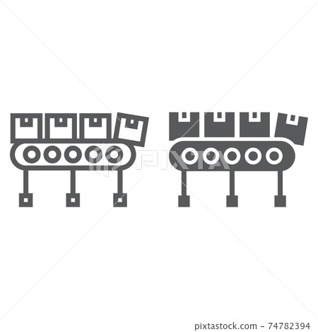 Conveyor belt with cardboard boxes line and glyph icon, logistic and delivery, factory conveyor sign vector graphics, a linear icon on a white background, eps 10. Conveyor belt with cardboard boxes line and glyph icon, logistic and delivery, factory conveyor sign vector graphics, a linear icon on a white background, eps 10. 74782394