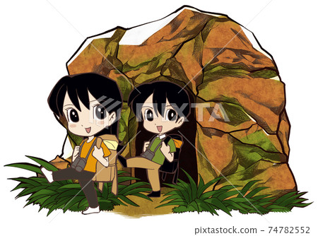 兩個男人和女人從山洞裡出來 兩個男人和女人從山洞裡出來 74782552