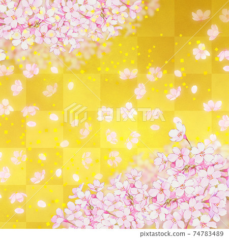 Gold leaf checkered pattern with watercolor cherry blossoms and flower blizzard Gold leaf checkered pattern with watercolor cherry blossoms and flower blizzard 74783489