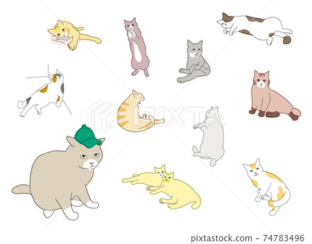 打哈欠，叔叔坐等。現實的貓素描樣式插圖設置各種手勢 74783496