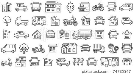 집과 자동차와 오토바이와 식물의 아이콘 세트 (색칠 공부 용 확장 이전 선만) - 스톡일러스트 [74785547] - PIXTA