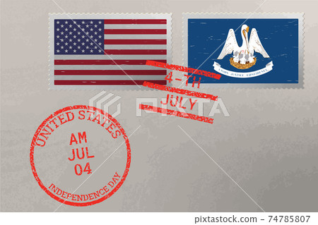 Postage stamp envelope with Louisiana and USA flag and 4-th July stamps, vector. 74785807