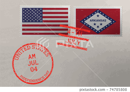 Postage stamp envelope with Arkansas and USA flag and 4-th July stamps, vector. Postage stamp envelope with Arkansas and USA flag and 4-th July stamps, vector. 74785808
