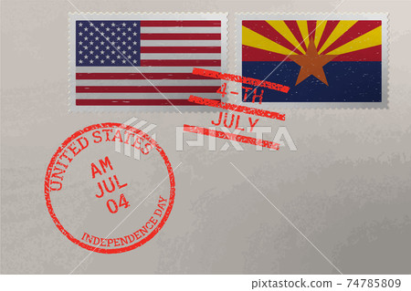 Postage stamp envelope with Arizona and USA flag and 4-th July stamps, vector. 74785809