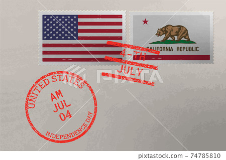 Postage stamp envelope with California and USA flag and 4-th July stamps, vector. Postage stamp envelope with California and USA flag and 4-th July stamps, vector. 74785810