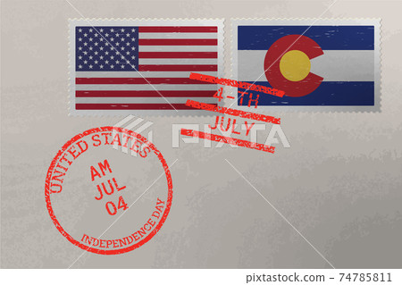 Postage stamp envelope with Colorado and USA flag and 4-th July stamps, vector. Postage stamp envelope with Colorado and USA flag and 4-th July stamps, vector. 74785811