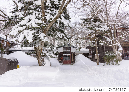 木製教學樓與雪 74786117