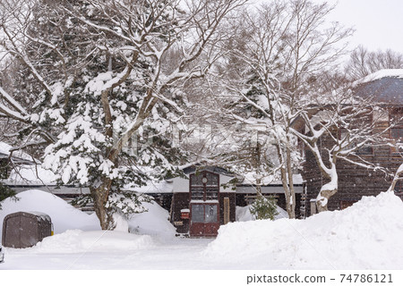 Wooden school building with snow 74786121