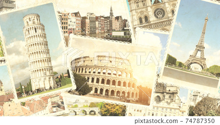 Vintage travel background with retro photos of european landmarks Vintage travel background with retro photos of european landmarks 74787350