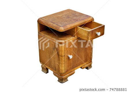 Old bedside table in mid-century style isolated on white background. Bedroom furniture 74788881