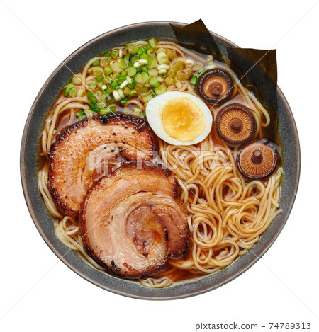 A Shoyu Ramen in gray bowl isolated on white. Japanese cuisine meat noodle soup with chashu pork. 74789313