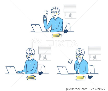 中老年人從事遠程工作的各種面部表情 中老年人從事遠程工作的各種面部表情 74789477