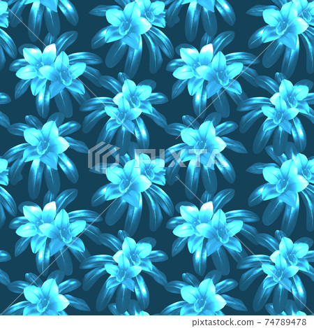 Blue and white tropical flowers silhouettes vector seamless pattern 74789478
