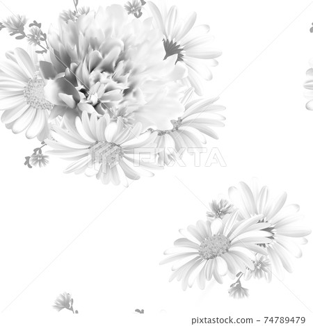 Floral Seamless Pattern with peony, Chamomile (Daisy), spring flowers. Blooming Flowers on white Background. Gray scale. Vector 74789479