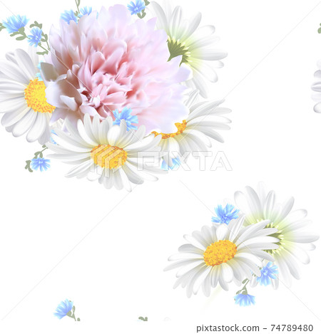 Floral Seamless Pattern with pink peony, Chamomile (Daisy), spring flowers. Blooming Flowers on white Background. Vector 74789480