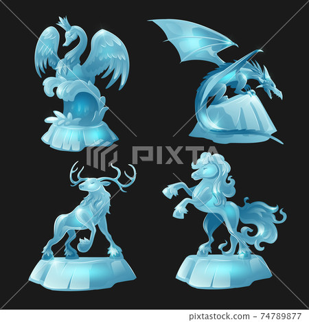 Ice sculptures of horse, dragon, swan and deer Ice sculptures of horse, dragon, swan and deer 74789877