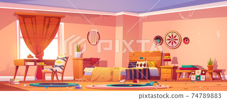 Messy bedroom in boho style with bed and trash 74789883