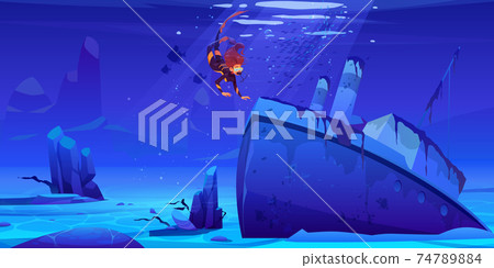 Scuba diver explore sunken ship on sea bottom 74789884