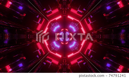 3D illustration of symmetric geometric lights in dark tunnel 74791241