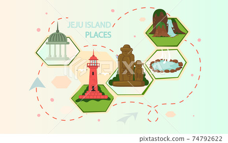 Welcome to Jeju island in South Korea, traditional landmarks, symbols. Korean land with traditional attractions Welcome to Jeju island in South Korea, traditional landmarks, symbols. Korean land with traditional attractions 74792622