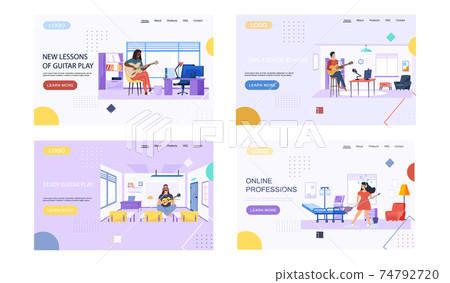 Set of illustrations with people playing guitar in different statements. Musicians create melody Set of illustrations with people playing guitar in different statements. Musicians create melody 74792720